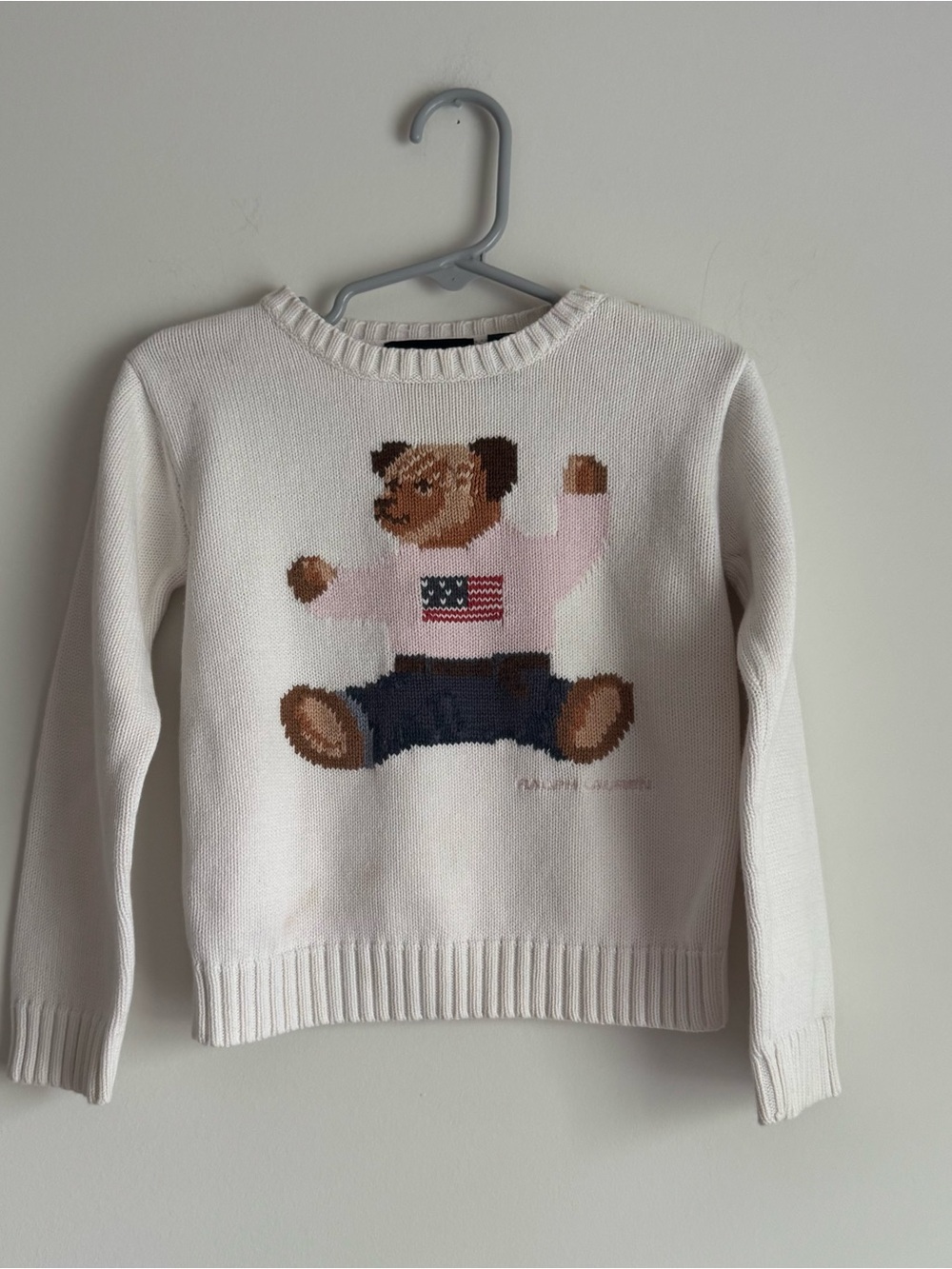 Vintage Ralph Lauren Ivory Toddler Knit Sweater Pink Bear Flag Pullover